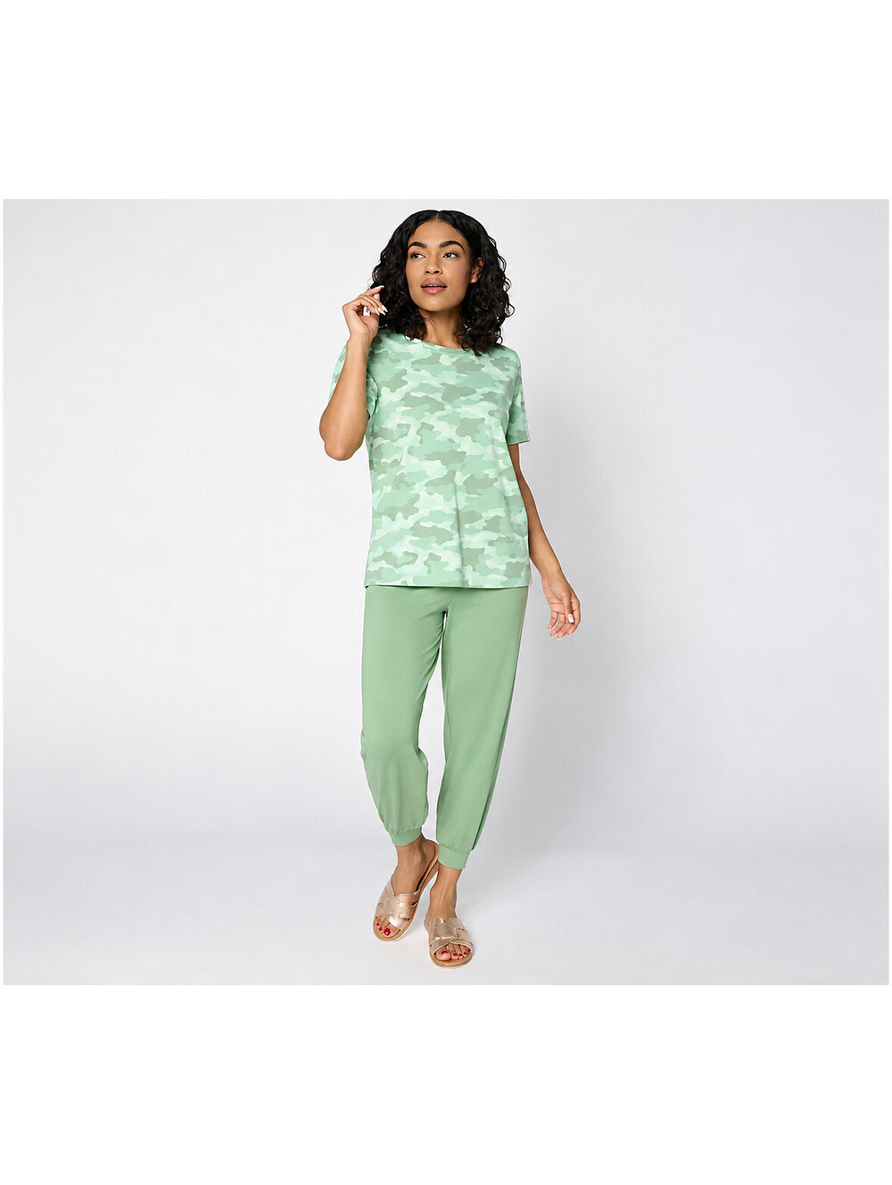 Anybody Regular Cozy Knit Printed Short Sleeve Tee & Jogger Set Aloe, X-Large